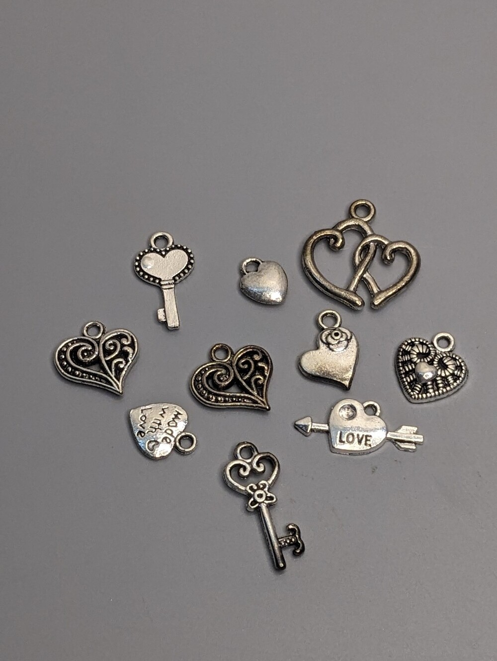 Silver Tone Heart Charm Bundle Set Of 10 Mixed Craft Jewelry Making